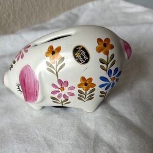 Arthur Wood Floral Piggy Bank - White with Pink and Blue Accents